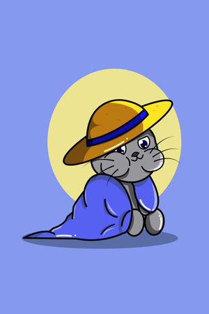 Cute cat with hat animal cartoon illustrationのイラスト素材
