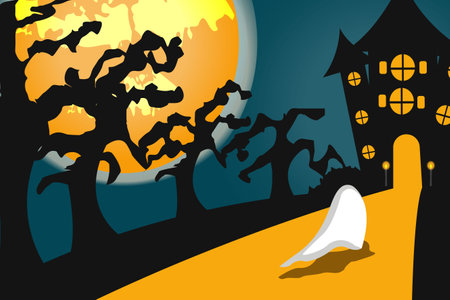 Castle with ghost at halloween illustrationのイラスト素材