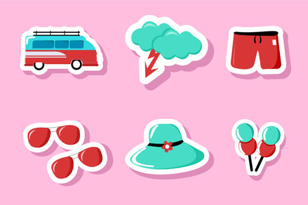 Summer Set With Beach Hand Drawn Flat Cartoon Sticker Vectorのイラスト素材