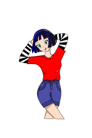Girl with short hair blue character illustrationのイラスト素材