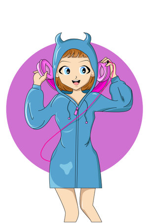 Cute girl wearing pink earphone character illustrationのイラスト素材