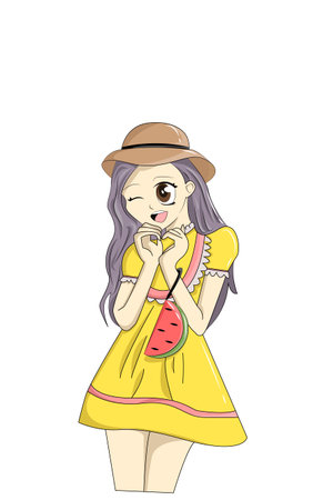 Cute girl with yellow dress character illustrationのイラスト素材