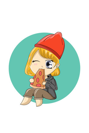 Cute little girl eating pizza cartoon illustrationのイラスト素材