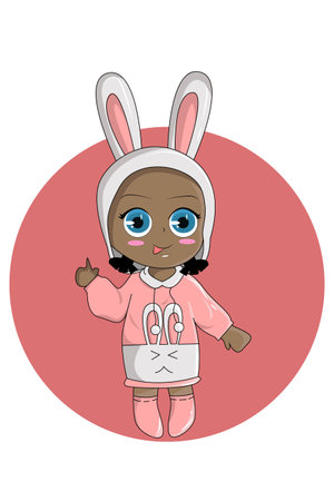 Baby girl dark skin with bunny coat cartoon illustrationのイラスト素材