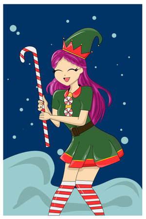 Beautiful girl bringing candy Christmas cartoon illustrationのイラスト素材