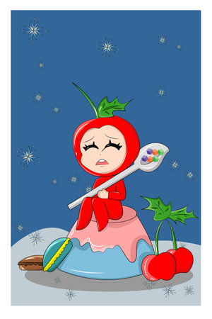 A cute cherry girl on the cake cartoon illustrationのイラスト素材
