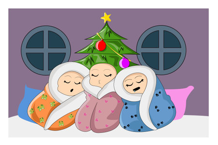 Three baby twins at Christmas cartoon illustrationのイラスト素材