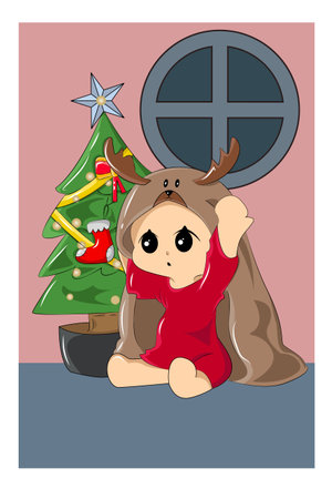 Baby with reindeer blanket on Christmas day cartoon illustrationのイラスト素材