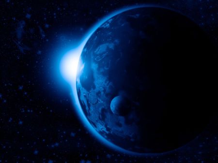 Space, star and planet with its satellite.の写真素材