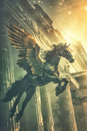 Pegasus, the majestic winged horse from Greek mythology, symbolizing freedom, inspiration, and divine connectionの写真素材
