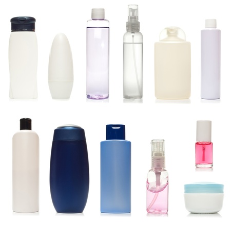 Set of plastic bottles of body care and beauty products