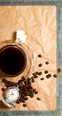 vintage vertical coffee time banner - a cup of coffee with beans and antique pocket watchの写真素材