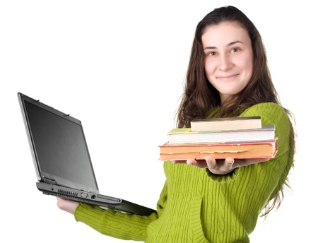 girl gives us the books  focus on books の写真素材