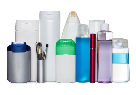 Bottles of health and beauty products isolated on whiteの写真素材