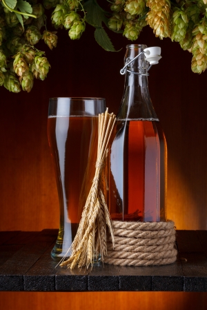 Beer with hop and wheat on wooden table still lifeの写真素材