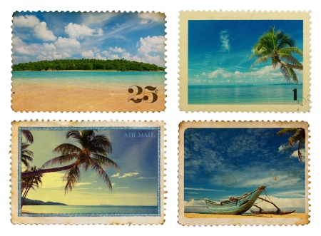 Vintage postage stamps with tropical palms and islandの写真素材