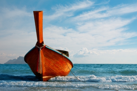 Traditional longtail boat at Andaman sea, Thailandの写真素材