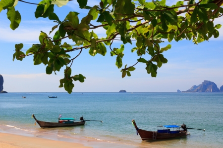 Traditional longtail boats at Andaman sea, Thailandの写真素材