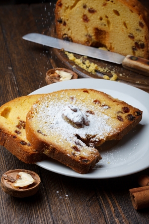 Fruitcake with nuts and raisin, sprinkle sugar powder の写真素材