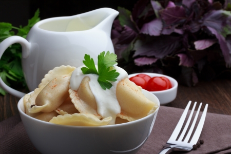 Meat dumplings with sour cream, traditional pelmeni or varenyky dishの写真素材