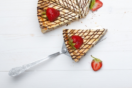 Slice of cheesecake with strawberry on cake lifterの写真素材