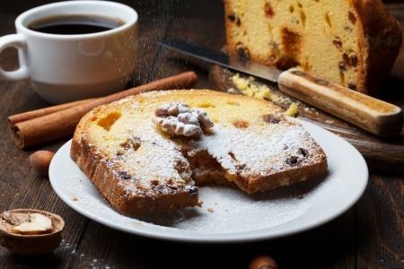 Fruitcake with nuts and raisin, sprinkle sugar powderの写真素材