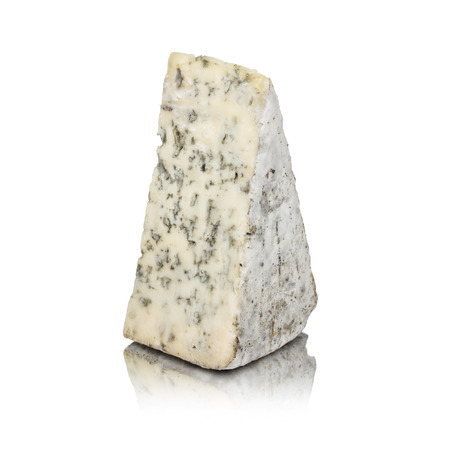 Blue cheese isolated on white with reflectionの写真素材