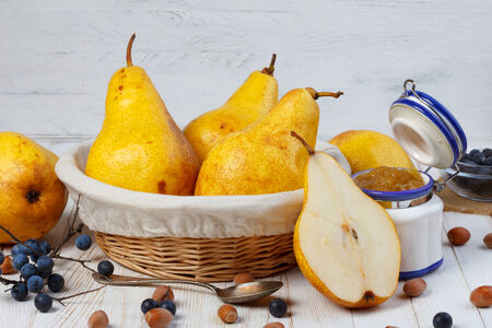 Juicy pears on wooden table still lifeの写真素材