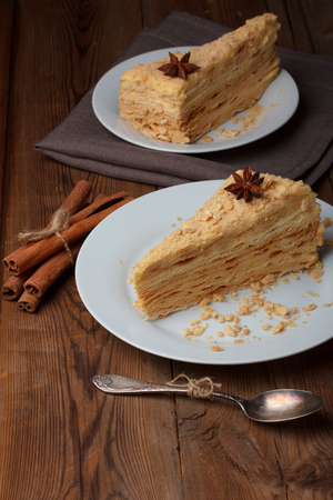 Slice of layer cake with anise and cinnamonの写真素材