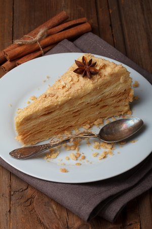 Slice of layer cake with anise and cinnamonの写真素材