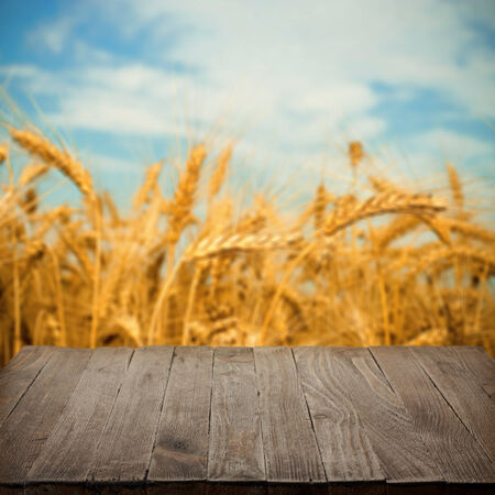 Empty wooden table with wheat field on background, blank place for productの写真素材