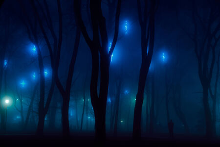 Dark mystery city park decorations in fog with some people silhouetteの写真素材