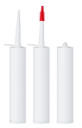 Clean blank sealant tube, open and closed, isolated on whiteの写真素材