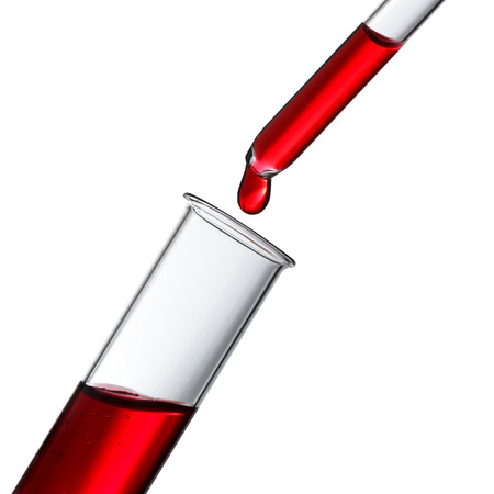 Blood or other red liquid drop from glass pipette to test tube, isolated on whiteの写真素材
