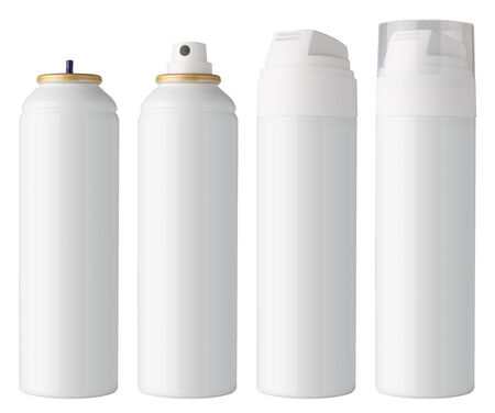 Blank white can, with different caps for spray and foam, isolated on white の写真素材