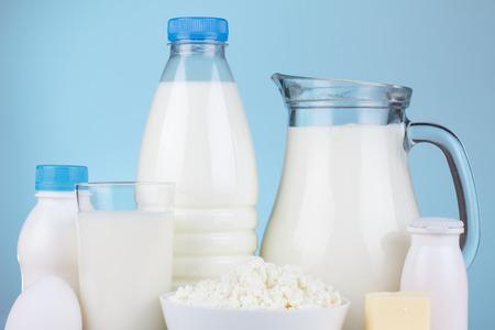 Dairy products on blue の写真素材