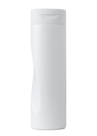 Blank white plastic cosmetics or shampoo bottle isolated on white backgroundの写真素材