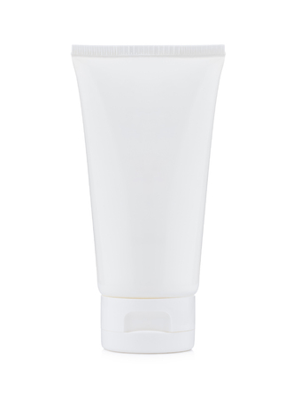 Blank white plastic cosmetics, paste or gel bottle isolated on white backgroundの写真素材