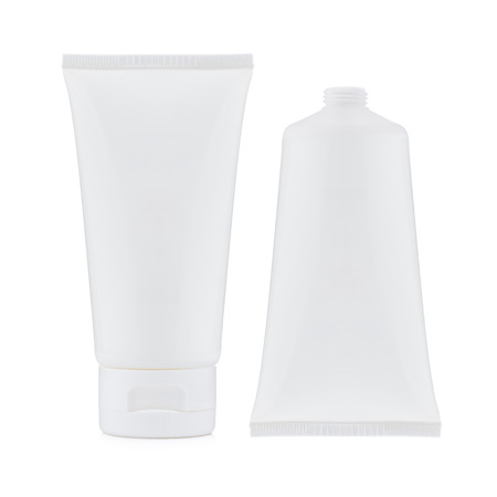 Blank white plastic cosmetics, paste or gel bottle, closed and open without cap, isolated on white backgroundの写真素材