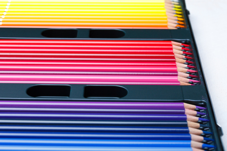 Color pencils in box, shallow dofの写真素材