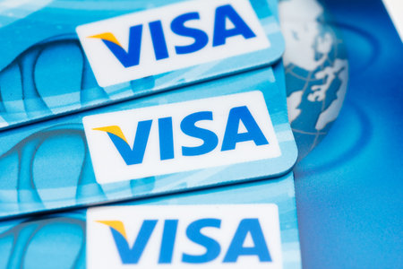 KIEV, UKRAINE - July 7: Pile of Visa cards on keyboard, in Kiev, Ukraine, on July 7, 2014のeditorial素材