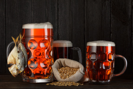 Beer mug beer assortment with smoked salty fish, barley bag, dark wooden background with copy spaceの写真素材
