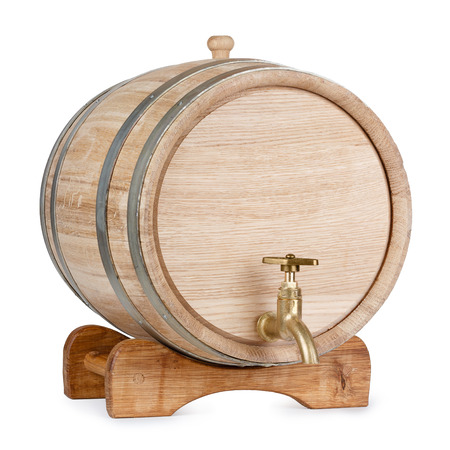 New clean oak wooden barrel on rack, isolated on white background, entire object in focusの写真素材