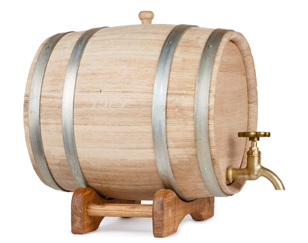 New oak wooden barrel on rack, isolated on white backgroundの写真素材