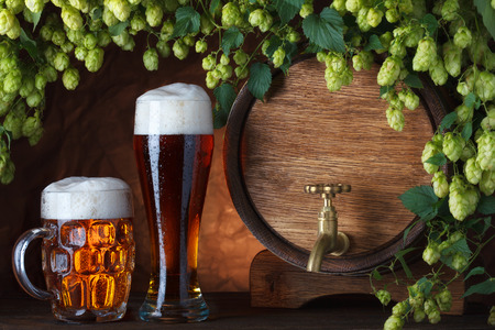 Beer glasses and beer barrel with fresh hops cones still-lifeの写真素材