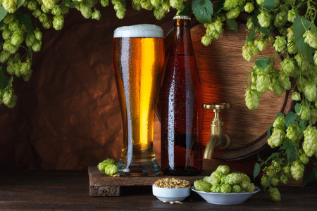 Bottled and unbottled beer with barrel, barley and fresh hops for brewing still-lifeの写真素材