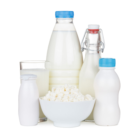 Dairy products, milk, yoghurt, cottage cheese isolated on whiteの写真素材