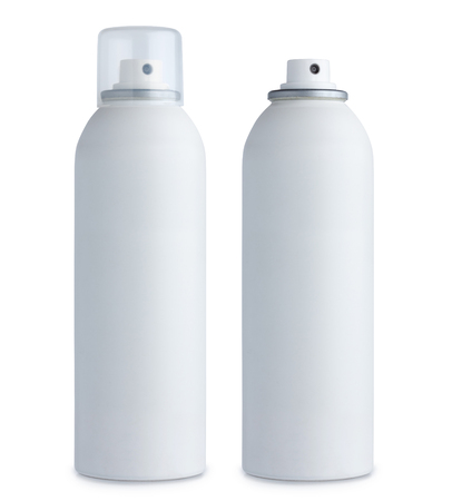 Blank white aluminum spray can, with cap and without, closed and open, isolated on white backgroundの写真素材