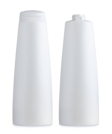 Blank matte plastic white cosmetics bottle, closed and open, with cap and without, isolated on white backgroundの写真素材