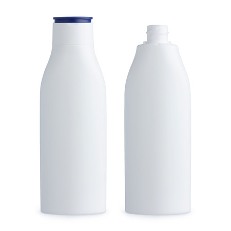 Blank plastic white cosmetics bottle, closed and open, isolated on white backgroundの写真素材